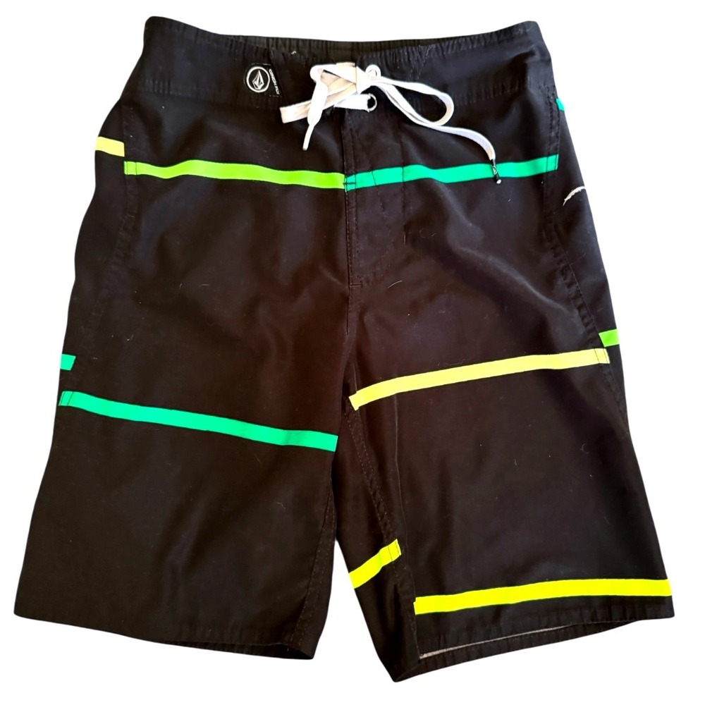 Volcom Board Shorts Boys 16R Black Excellent‎ Striped Swim Trunks Surf Beach